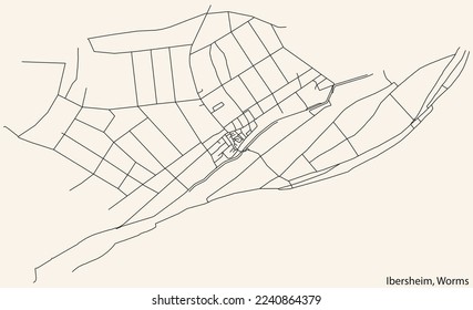 Detailed navigation black lines urban street roads map of the IBERSHEIM QUARTER of the German town of WORMS, Germany on vintage beige background