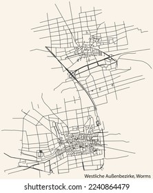 Detaillierte Navigation mit schwarzen Linien Stadtstraßen Karte des STADTBEZIRK WESTLICHE AUSSENBEZIRKE DISTRICT der deutschen Stadt WORMS, Deutschland auf beigem Hintergrund