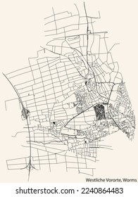 Detaillierte Navigation mit schwarzen Linien Stadtstraßen Karte des STADTBEZIRK WESTLICHE VORORTE DISTRICT der deutschen Stadt WORMS, Deutschland auf beigem Hintergrund