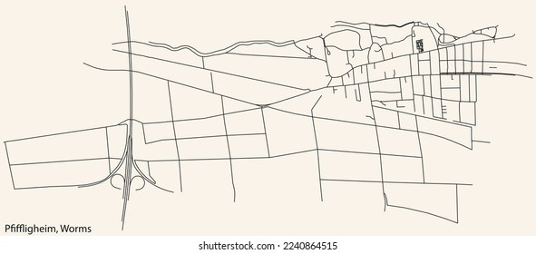 Detailed navigation black lines urban street roads map of the PFIFFLIGHEIM QUARTER of the German town of WORMS, Germany on vintage beige background