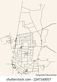 Detailed navigation black lines urban street roads map of the TUNGENDORF QUARTER of the German town of NEUMÜNSTER, Germany on vintage beige background