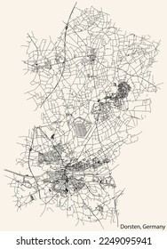 Detailed navigation black lines urban street roads map of the German town of DORSTEN, GERMANY on vintage beige background