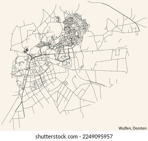 Detailed navigation black lines urban street roads map of the WULFEN DISTRICT of the German town of DORSTEN, Germany on vintage beige background