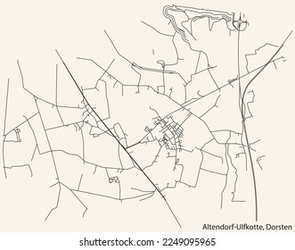 Detailed navigation black lines urban street roads map of the ALTENDORF-ULFKOTTE DISTRICT of the German town of DORSTEN, Germany on vintage beige background