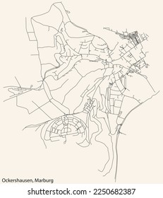 Detailed navigation black lines urban street roads map of the OCKERSHAUSEN DISTRICT of the German town of MARBURG, Germany on vintage beige background