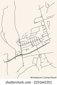 Detailed navigation black lines urban street roads map of the BÖVINGHAUSEN DISTRICT of the German town of CASTROP-RAUXEL, Germany on vintage beige background