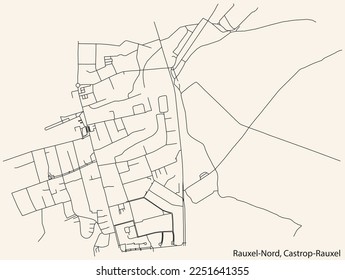 Detailed navigation black lines urban street roads map of the RAUXEL NORD DISTRICT of the German town of CASTROP-RAUXEL, Germany on vintage beige background