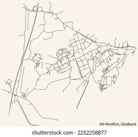 Detailed navigation black lines urban street roads map of the ALT-RENTFORT DISTRICT of the German town of GLADBECK, Germany on vintage beige background