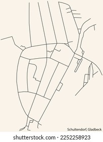 Detailed navigation black lines urban street roads map of the SCHULTENDORF DISTRICT of the German town of GLADBECK, Germany on vintage beige background