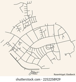 Detailed navigation black lines urban street roads map of the ROSENHÜGEL DISTRICT of the German town of GLADBECK, Germany on vintage beige background