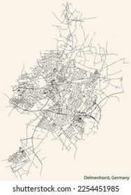Detailed navigation black lines urban street roads map of the German town of DELMENHORST, GERMANY on vintage beige background