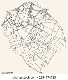 Detailed navigation black lines urban street roads map of the CITY DISTRICT of the German town of BAYREUTH, Germany on vintage beige background