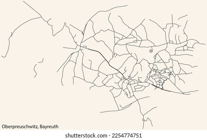 Detailed navigation black lines urban street roads map of the OBERPREUSCHWITZ DISTRICT of the German town of BAYREUTH, Germany on vintage beige background