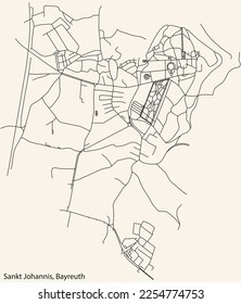 Detailed navigation black lines urban street roads map of the SANKT JOHANNIS DISTRICT of the German town of BAYREUTH, Germany on vintage beige background
