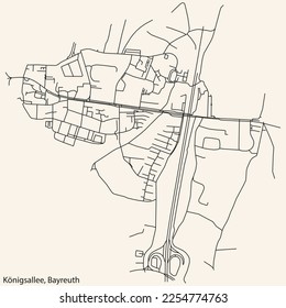 Detailed navigation black lines urban street roads map of the KÖNIGSALLEE DISTRICT of the German town of BAYREUTH, Germany on vintage beige background