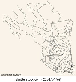 Detailed navigation black lines urban street roads map of the GARTENSTADT DISTRICT of the German town of BAYREUTH, Germany on vintage beige background