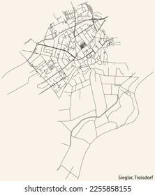 Detailed navigation black lines urban street roads map of the SIEGLAR DISTRICT of the German town of TROISDORF, Germany on vintage beige background