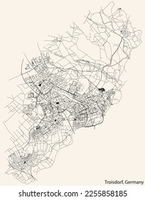 Detailed navigation black lines urban street roads map of the German town of TROISDORF, GERMANY on vintage beige background
