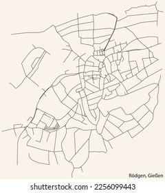 Detailed navigation black lines urban street roads map of the RÖDGEN DISTRICT of the German town of GIESSEN, Germany on vintage beige background