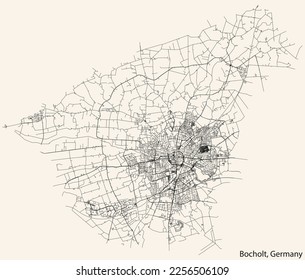 Detailed navigation black lines urban street roads map of the German town of BOCHOLT, GERMANY on vintage beige background