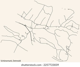 Detailed navigation black lines urban street roads map of the SCHÖNEMARK DISTRICT of the German town of DETMOLD, Germany on vintage beige background