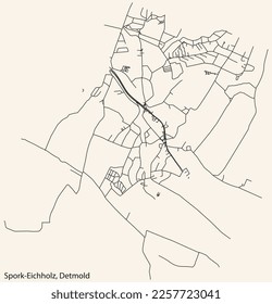 Detailed navigation black lines urban street roads map of the SPORK-EICHHOLZ DISTRICT of the German town of DETMOLD, Germany on vintage beige background
