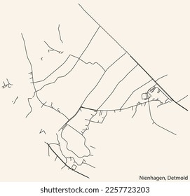 Detailed navigation black lines urban street roads map of the NIENHAGEN DISTRICT of the German town of DETMOLD, Germany on vintage beige background