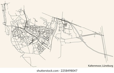 Detailed navigation black lines urban street roads map of the KALTENMOOR DISTRICT of the German town of LÜNEBURG, Germany on vintage beige background