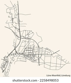 Detailed navigation black lines urban street roads map of the LÜNE-MOORFELD DISTRICT of the German town of LÜNEBURG, Germany on vintage beige background