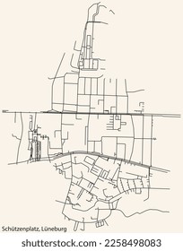 Detailed navigation black lines urban street roads map of the SCHÜTZENPLATZ DISTRICT of the German town of LÜNEBURG, Germany on vintage beige background