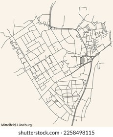 Detailed navigation black lines urban street roads map of the MITTELFELD DISTRICT of the German town of LÜNEBURG, Germany on vintage beige background