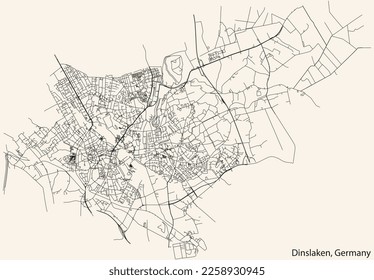 Detailed navigation black lines urban street roads map of the German town of DINSLAKEN, GERMANY on vintage beige background