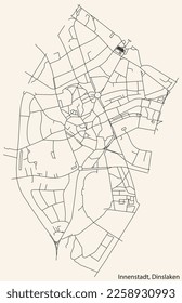 Detailed navigation black lines urban street roads map of the INNENSTADT BOROUGH of the German town of DINSLAKEN, Germany on vintage beige background
