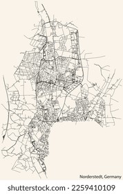 Detailed navigation black lines urban street roads map of the German town of NORDERSTEDT, GERMANY on vintage beige background