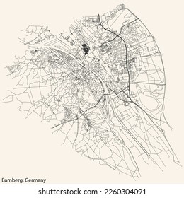 Detailed navigation black lines urban street roads map of the German town of BAMBERG, GERMANY on vintage beige background