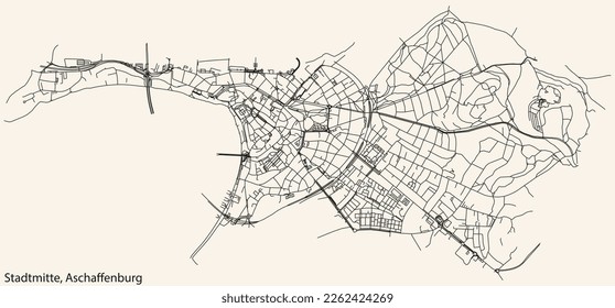 Mapa detallado de las líneas negras de navegación en las calles urbanas del STADTMITTE BOROUGH de la ciudad alemana de ASCHAFFENBURG, Alemania sobre fondo beige vintage