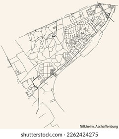 Detailed navigation black lines urban street roads map of the NILKHEIM BOROUGH of the German town of ASCHAFFENBURG, Germany on vintage beige background