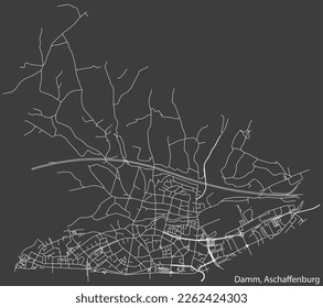 Detailed navigation black lines urban street roads map of the DAMM BOROUGH of the German town of ASCHAFFENBURG, Germany on vintage beige background