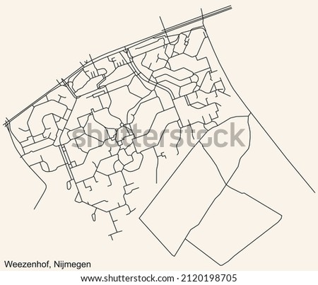 Detailed navigation black lines urban street roads map of the WEEZENHOF NEIGHBORHOOD of the Dutch regional capital city Nijmegen, Netherlands on vintage beige background