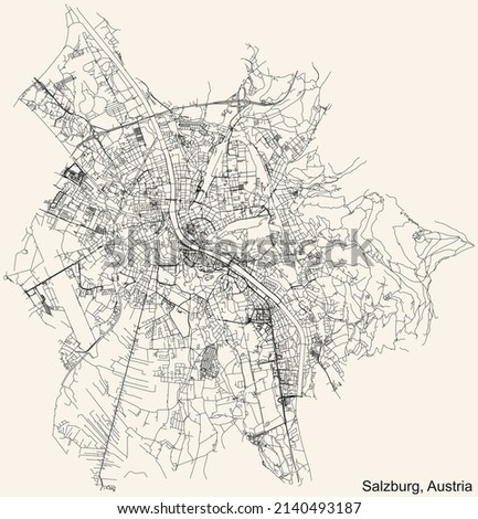 Detailed navigation black lines urban street roads map of the Austrian regional capital city of SALZBURG, AUSTRIA on vintage beige background