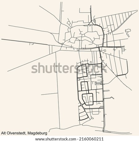 Detailed navigation black lines urban street roads map of the ALT OLVENSTEDT DISTRICT of the German regional capital city of Magdeburg, Germany on vintage beige background