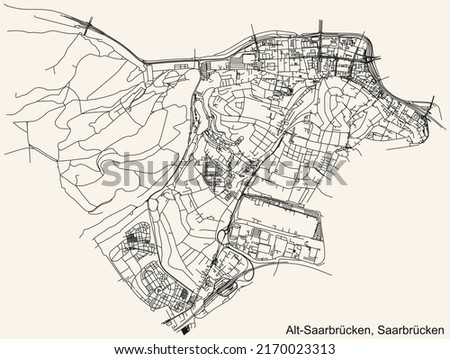 Detailed navigation black lines urban street roads map of the ALT-SAARBRÜCKEN DISTRICT of the German regional capital city of Saarbrucken, Germany on vintage beige background