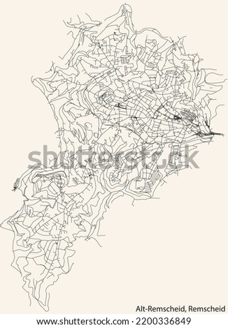 Detailed navigation black lines urban street roads map of the ALT-REMSCHEID QUARTER of the German regional capital city of Remscheid, Germany on vintage beige background