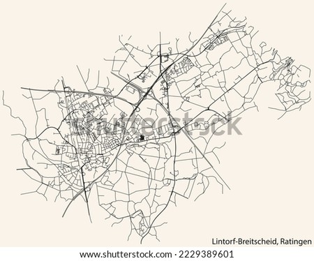 Detailed navigation black lines urban street roads map of the LINTORF-BREITSCHEID MUNICIPALITY of the German regional capital city of Ratingen, Germany on vintage beige background