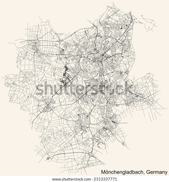 Detailed navigation black lines urban street\
roads map of the German regional capital city of MÖNCHENGLADBACH,\
GERMANY on vintage beige\
background