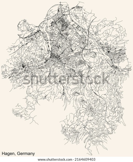 Detailed navigation black lines urban street\
roads map of the German regional capital city of HAGEN, GERMANY on\
vintage beige\
background