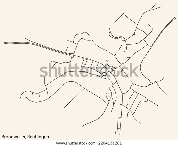 Detailed navigation black\
lines urban street roads map of the BRONNWEILER QUARTER of the\
German regional capital city of Reutlingen, Germany on vintage\
beige background