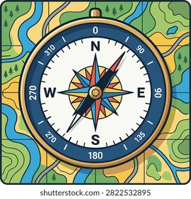 A detailed navigation compass illustration featuring vibrant colorful accents, precise typography, and technical design elements suitable for travel, exploration, and cartography projects.