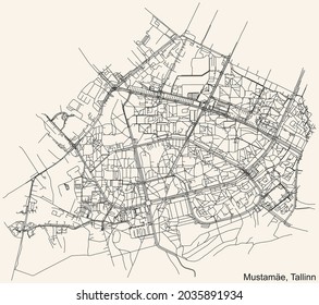 Mapa detallado de la navegación por las calles urbanas sobre el fondo beige vintage del barrio de Tallinner, distrito de Mustamäe, capital de Estonia, Tallin, Estonia