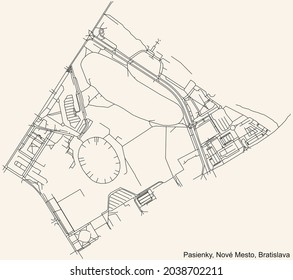 Detailed navigation urban street roads map on vintage beige background of the Bratislavan quarter Pasienky locality inside Nové Mesto borough of the Slovakian capital city of Bratislava, Slovakia